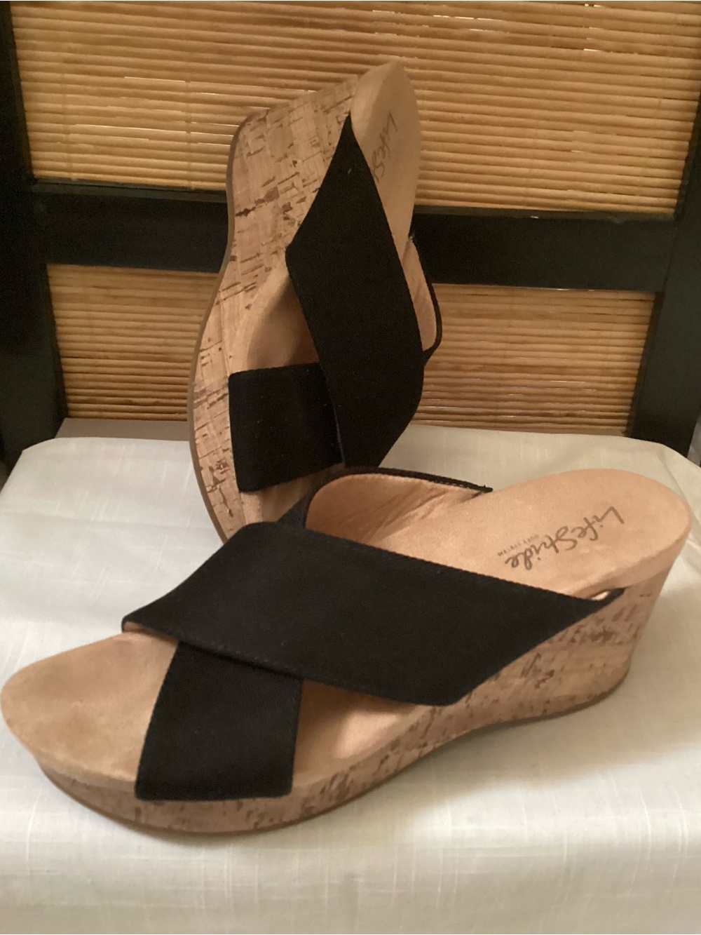 LifeStride Donna Wedge Slide Sandals 8.5 EUC black crisscross faux cork heels